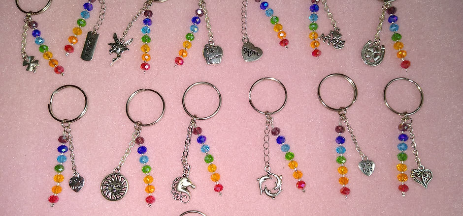 Glass rainbow beads keyrings with a selection of charms to choose from