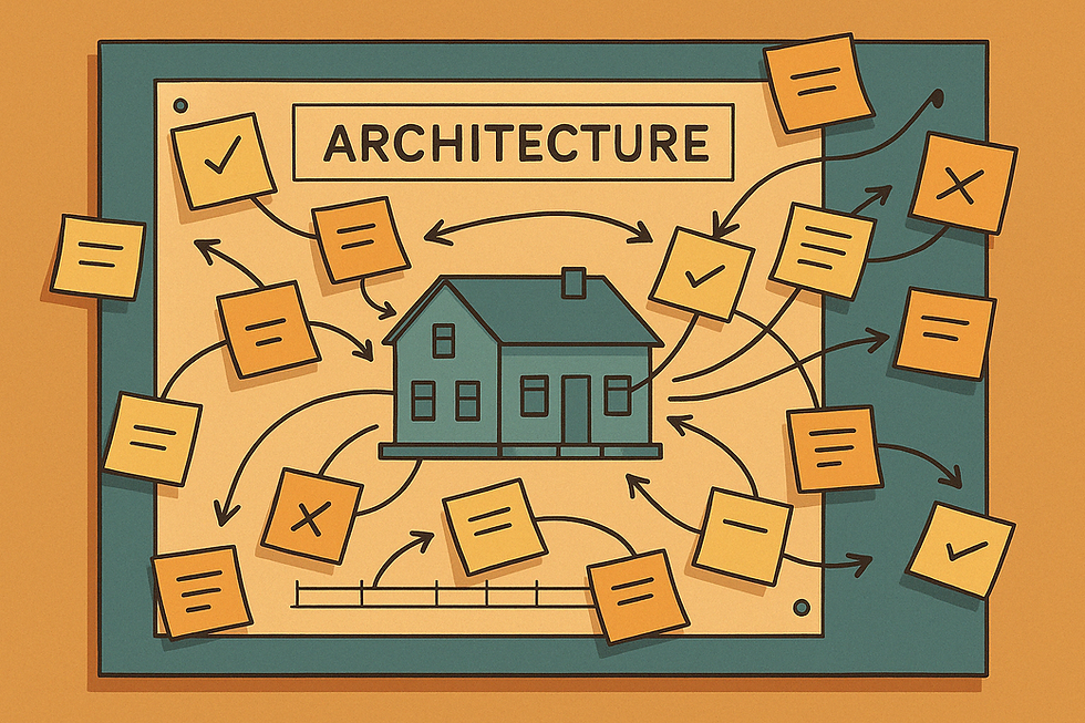 A retro-style digital illustration of a clean architectural blueprint labeled “ARCHITECTURE” being overwhelmed by scattered sticky notes and arrows, symbolizing how annotations and metadata can obscure structural clarity — reflecting the article’s message that annotations are not true software architecture.