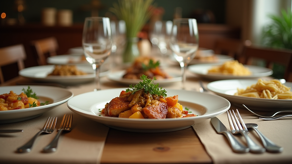 Eye-level view of a beautifully arranged dinner table with a variety of Late Plate meals
