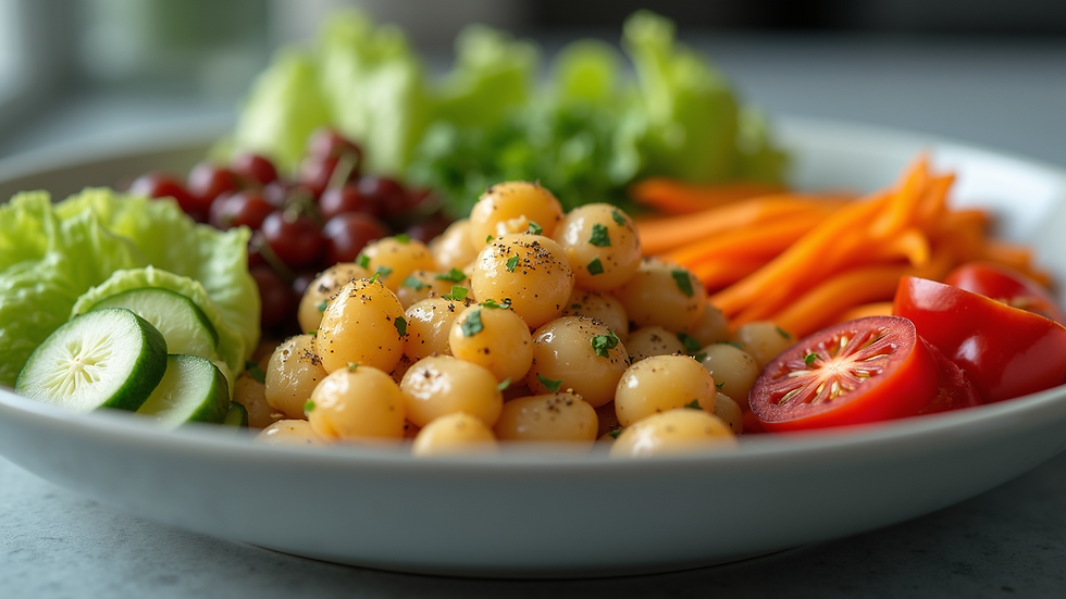 Eye-level view of a colorful plate filled with fresh ingredients ready for a quick meal