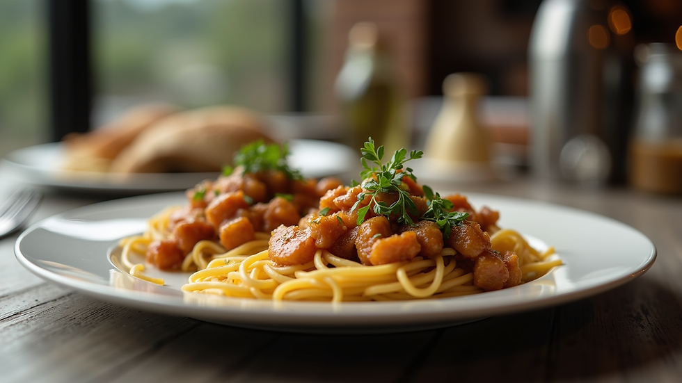 Eye-level view of a delicious Late Plate meal ready to be served