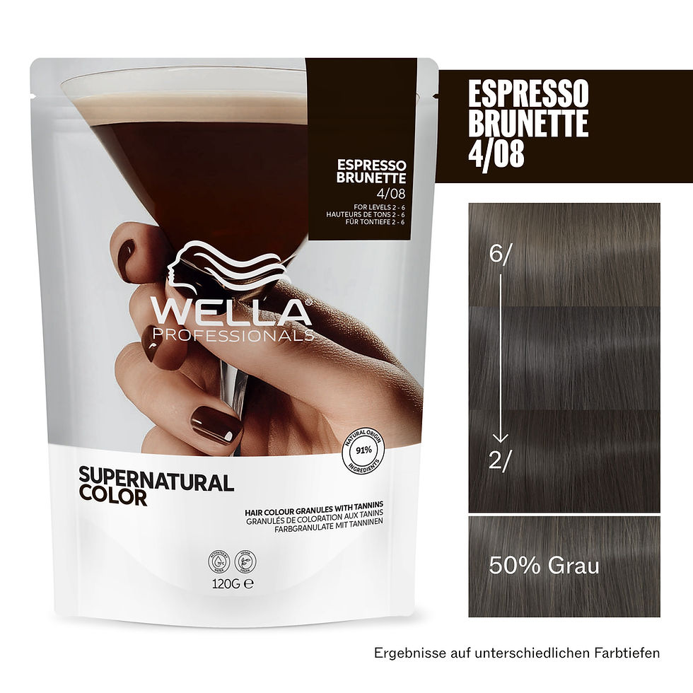 Wella Supernatural Color Espresso Brunette 4/08 Haarfarbe mit Farbmuster 50% Grau.