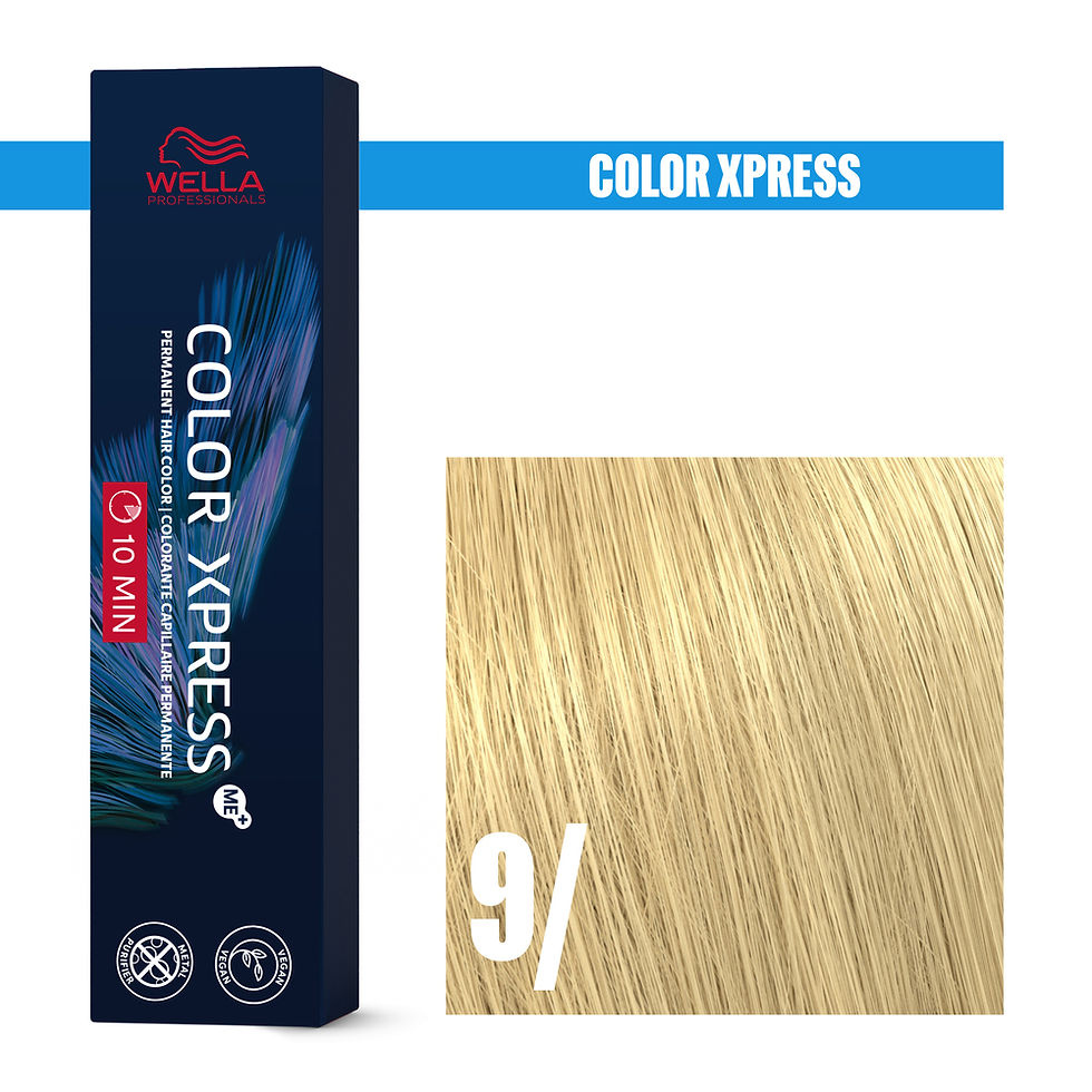 Wella Color Xpress 9/ hell-lichtblond 60 ml, Haarfarbe. Blonde Haarsträhne, blauem Hintergrund.