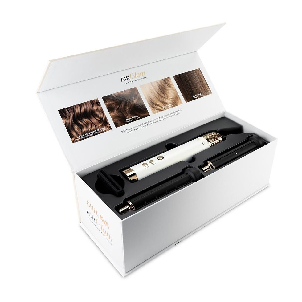 Miniaturbild: Offene Box mit Haarstyler-Set und Haarstyling-Beispielen