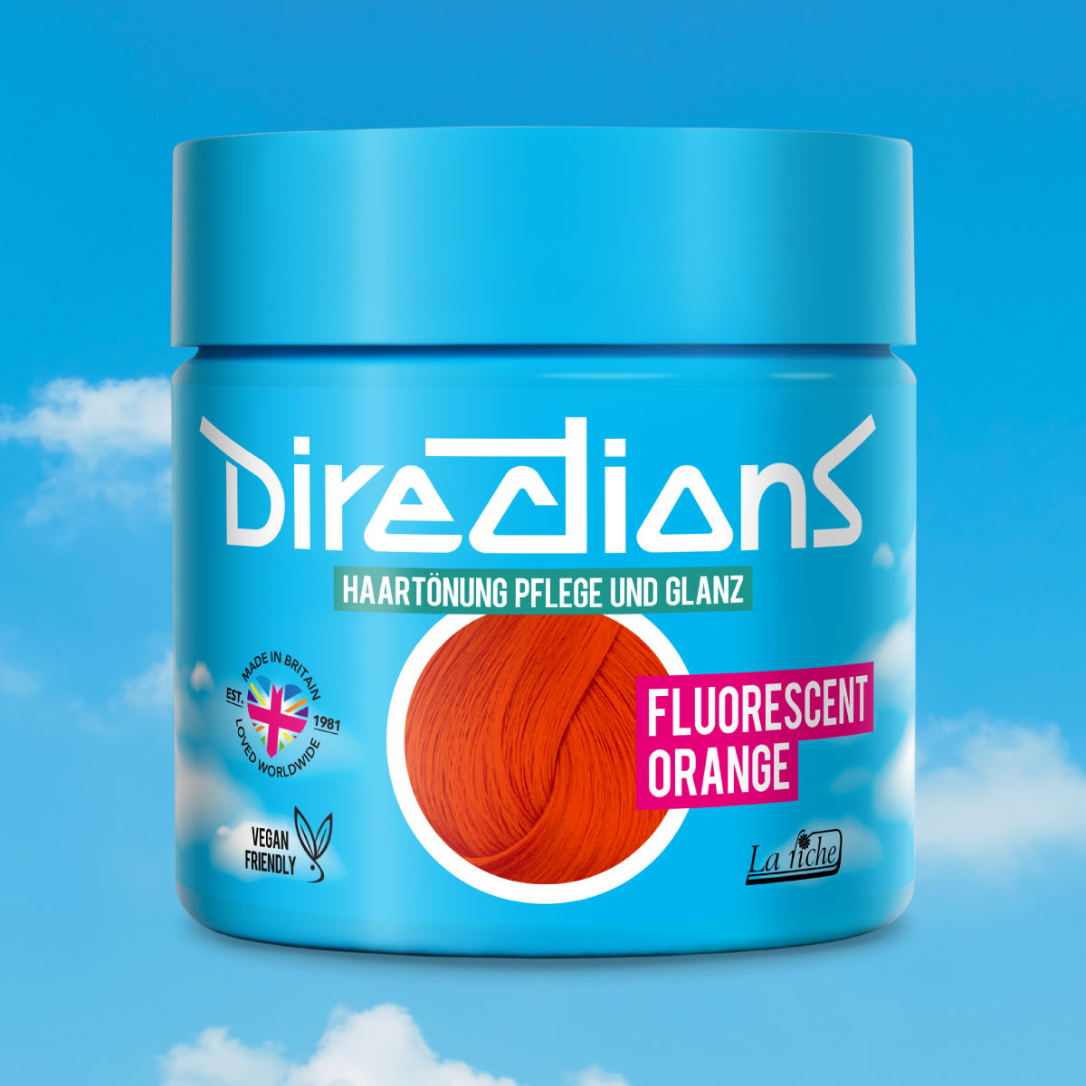 Directions Haartönung Pflege und Glanz, fluorescent orange, HaarPflegeShop Produkt vor blauem Hintergrund.