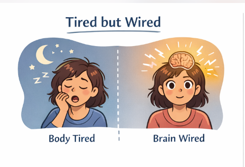 Split image with a sleepy girl under a night sky labeled "Body Tired" on the left, and an alert girl with a glowing brain labeled "Brain Wired" on the right.