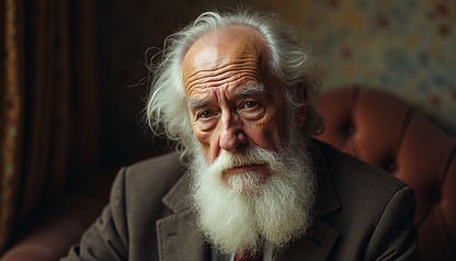 Eye-level view of a vintage portrait of Walt Whitman seated with a thoughtful expression