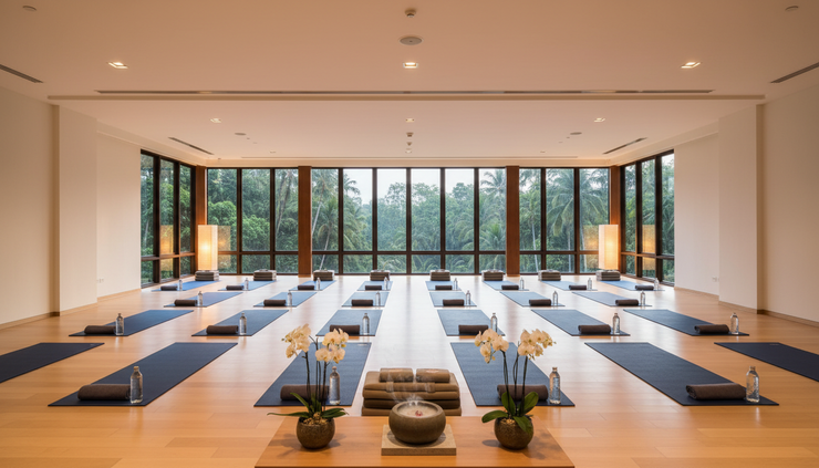 Eye-level view of yoga mats arranged in a condominium function room.