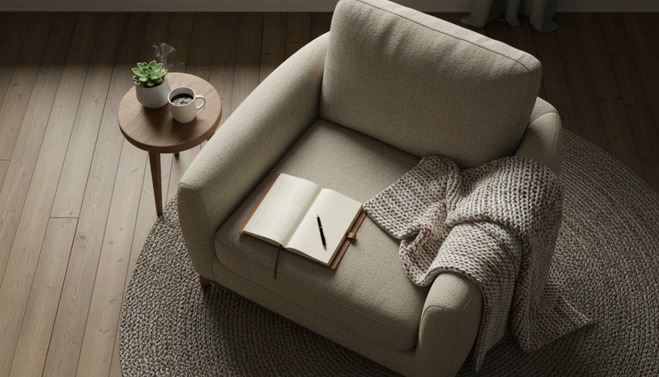 Overhead view of a cosy chair with a folded blanket and an open journal.