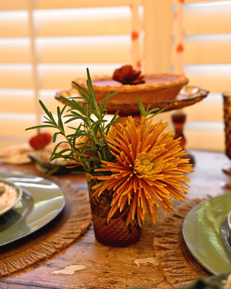 Close-up of a single orange spider mum with rosemary in a small amber juice glass vase, pumpkin pie on amber cake stand in background, warm window light