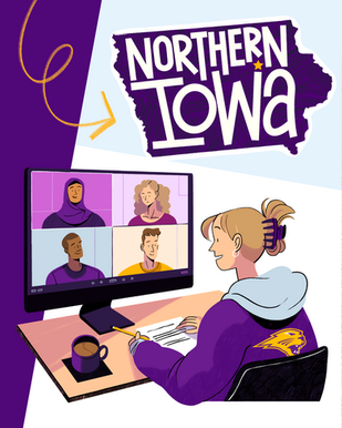 Stylized illustration of a student at a desk taking notes while attending a virtual class, with four classmates visible on a video call and a “Northern Iowa” graphic above.