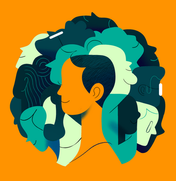 Abstract illustration showing layered human faces in profile, using varied skin tones and colors to represent diversity.