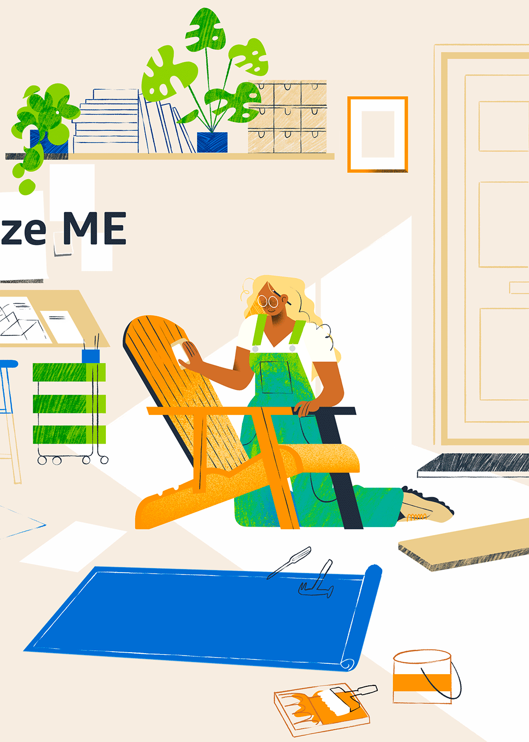 Illustration of a person kneeling on the floor assembling a chair in a home office or workshop, with tools, papers, and the phrase “Maximize ME time” displayed. Illustrated for AWS and HelloFresh