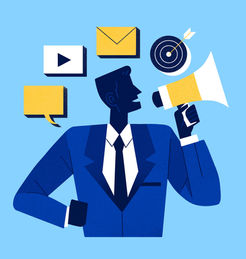 Illustration of a professional figure holding a megaphone, with icons for email, video, speech bubbles, and a target symbolizing outreach, messaging, and audience engagement.