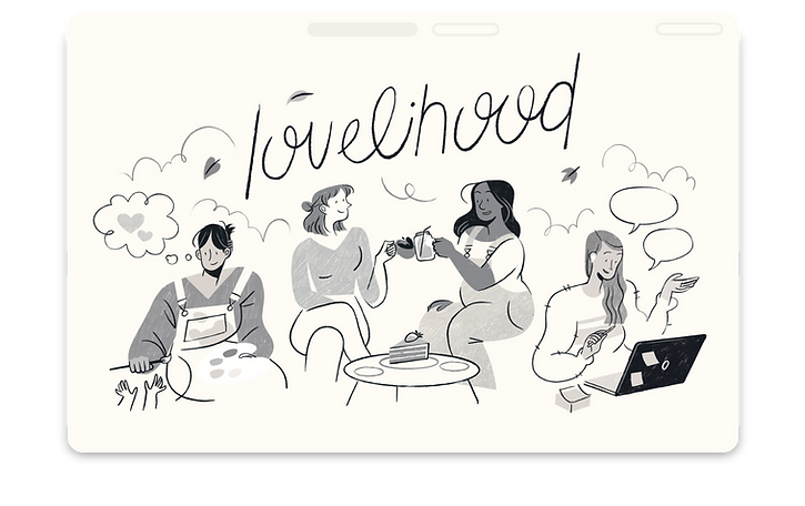 Illustration of diverse people socializing, working, and sharing drinks beneath the handwritten word “lovelihood,” representing community and connection.