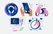 Illustrated grid of icons showing digital communication, urban life, data analytics, automation, security, transportation, and global connectivity, designed for AWS