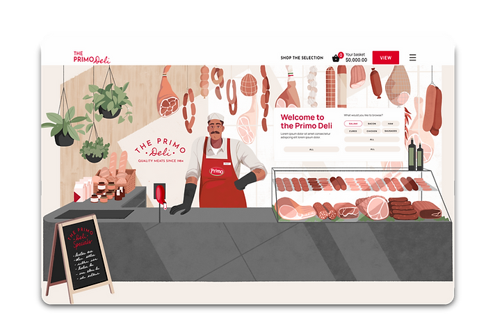 Landing page illustration showing an italian man behind a deli counter with various meats and products available for sale