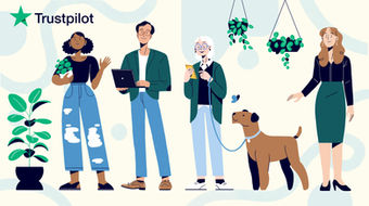 Trustpilot Character Designs, including a woman with a plant, man with a laptop, lady with a dog on her phone, and professional woman