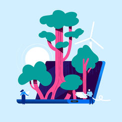 Illustration of people caring for large trees growing from a tablet, with a wind turbine in the background, representing sustainability and environmental technology.