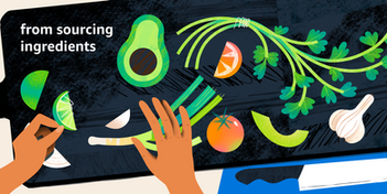 Hand-drawn illustration of a food-preparation scene with hands reaching toward chopped vegetables and herbs on a dark background, emphasizing ingredient sourcing.