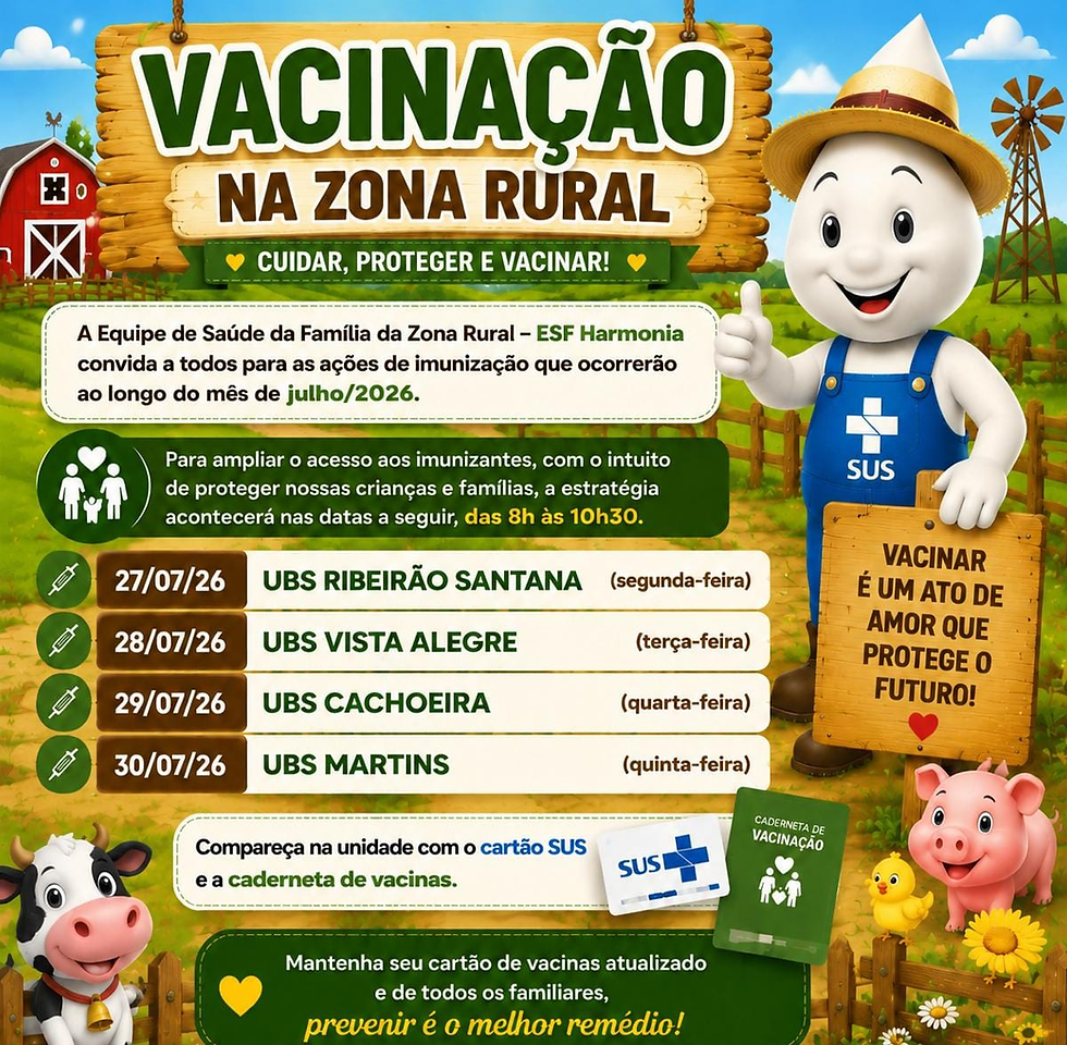 Divulgação/A vacinação continua chegando às comunidades rurais de Varginha. Nesta semana, equipes da Estratégia Saúde da Família (ESF) Harmonia estarão em quatro localidades para ampliar o acesso aos imunizantes. Confira o cronograma e não se esqueça de levar o cartão do SUS e a caderneta de vacinação.
