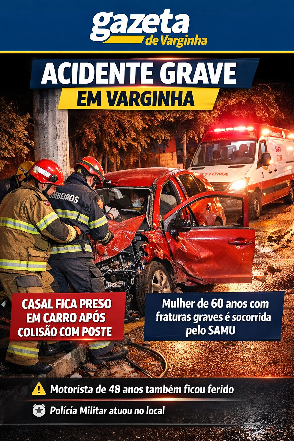 Carro colide contra poste e deixa duas pessoas feridas em Pouso Alegre