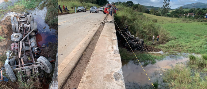 Caminhão carregado com soro de leite despenca em manancial e deixa motorista morto no Sul de Minas