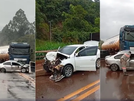 Acidente entre carreta-tanque e quatro carros deixa feridos e interdita a BR-356