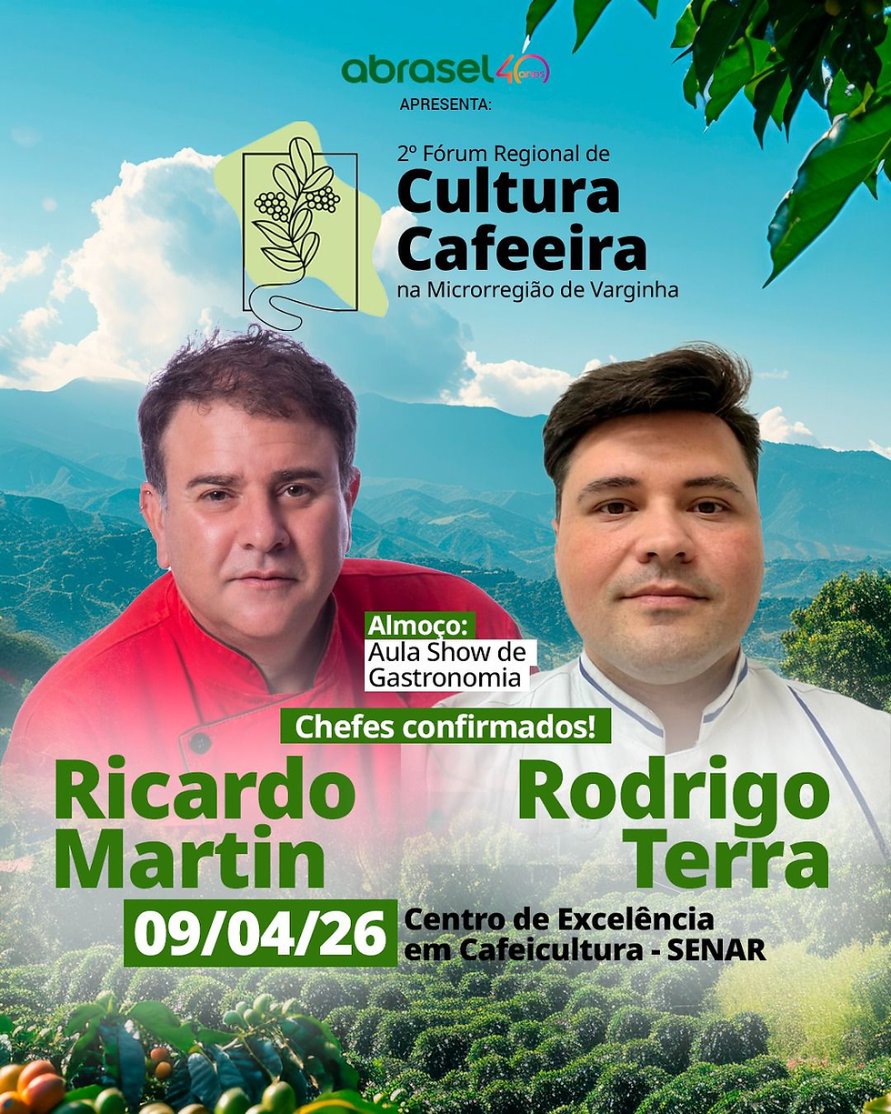 Chefs Ricardo Martin e Rodrigo Terra comandam aula show no Fórum de Cultura Cafeeira em Varginha com foco na gastronomia do café e inovação culinária