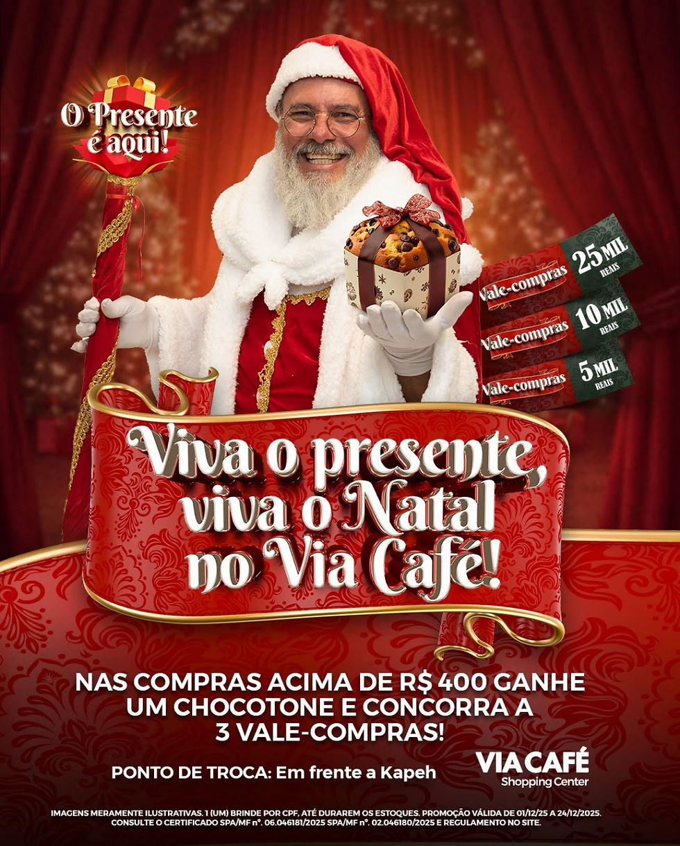 Campanha de natal do Via Café Shopping Center que vai sortear R$ 40 mil em vales compras