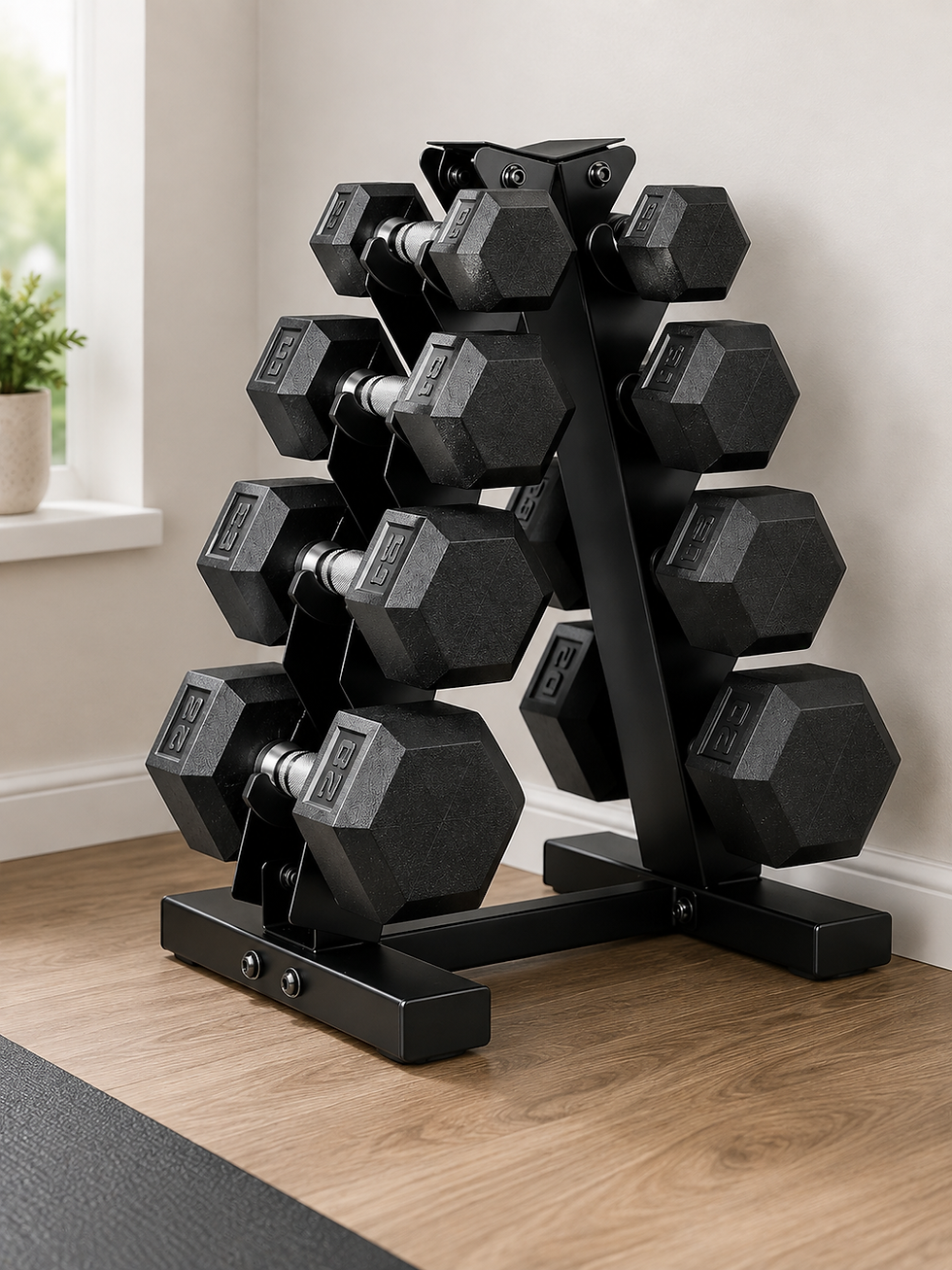 compact set of dumbbells with rack perfect for small spaces and supporting muscle in midlife