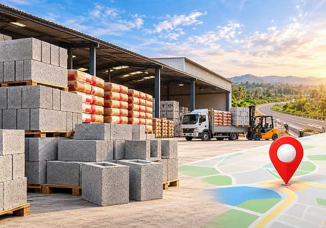 Cement and concrete blocks stocked at a construction material warehouse with a delivery truck, forklift, highway, and location map pin.