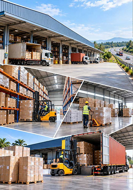 Modern warehouse facility with organized inventory storage, forklifts, pallets, loading trucks, and highway connectivity supporting efficient goods movement and distribution.