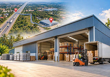 Modern warehouse with trucks and forklifts, connected to a nearby highway shown with a location map and route markers, representing convenient commercial storage and easy access.