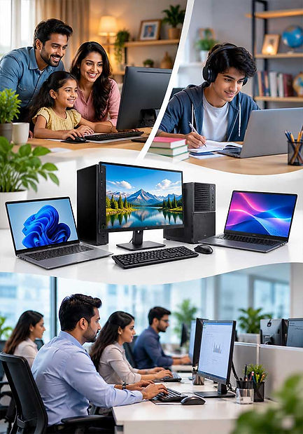 Computer sales solutions for home, students, and office use, featuring desktop computers and laptops in home, study, and professional office environments.