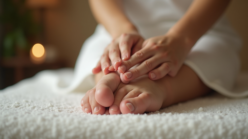 Eye-level view of a foot being massaged for reflexology