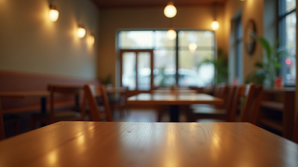 Eye-level view of a cozy café interior with wooden furniture