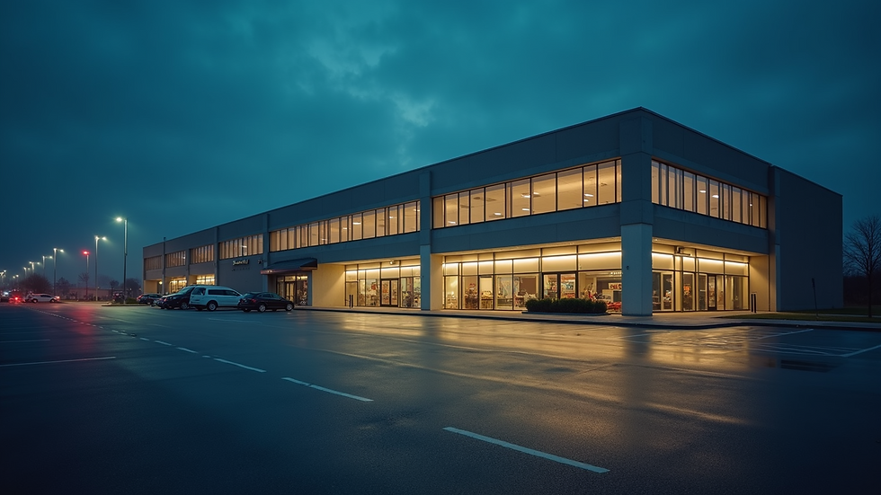 Eye-level view of a modern commercial building illuminated by LED lighting