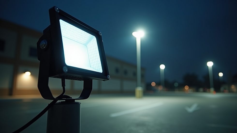 Eye-level view of a 150 watt LED floodlight illuminating a large outdoor parking area