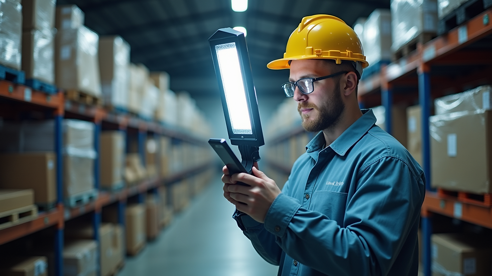 Close-up view of a technician inspecting LED street light components in a warehouse
