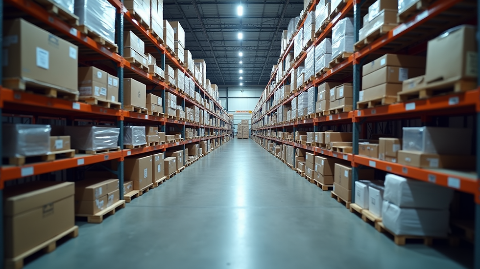 High angle view of a warehouse stocked with LED lighting products ready for distribution