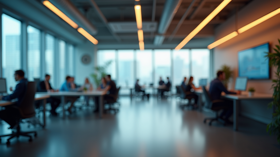 Eye-level view of a commercial office space with dynamic LED lighting