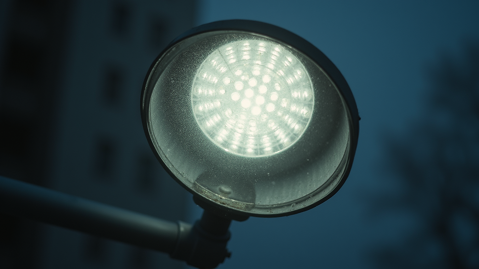 Close-up view of LED street light lens covered with dust