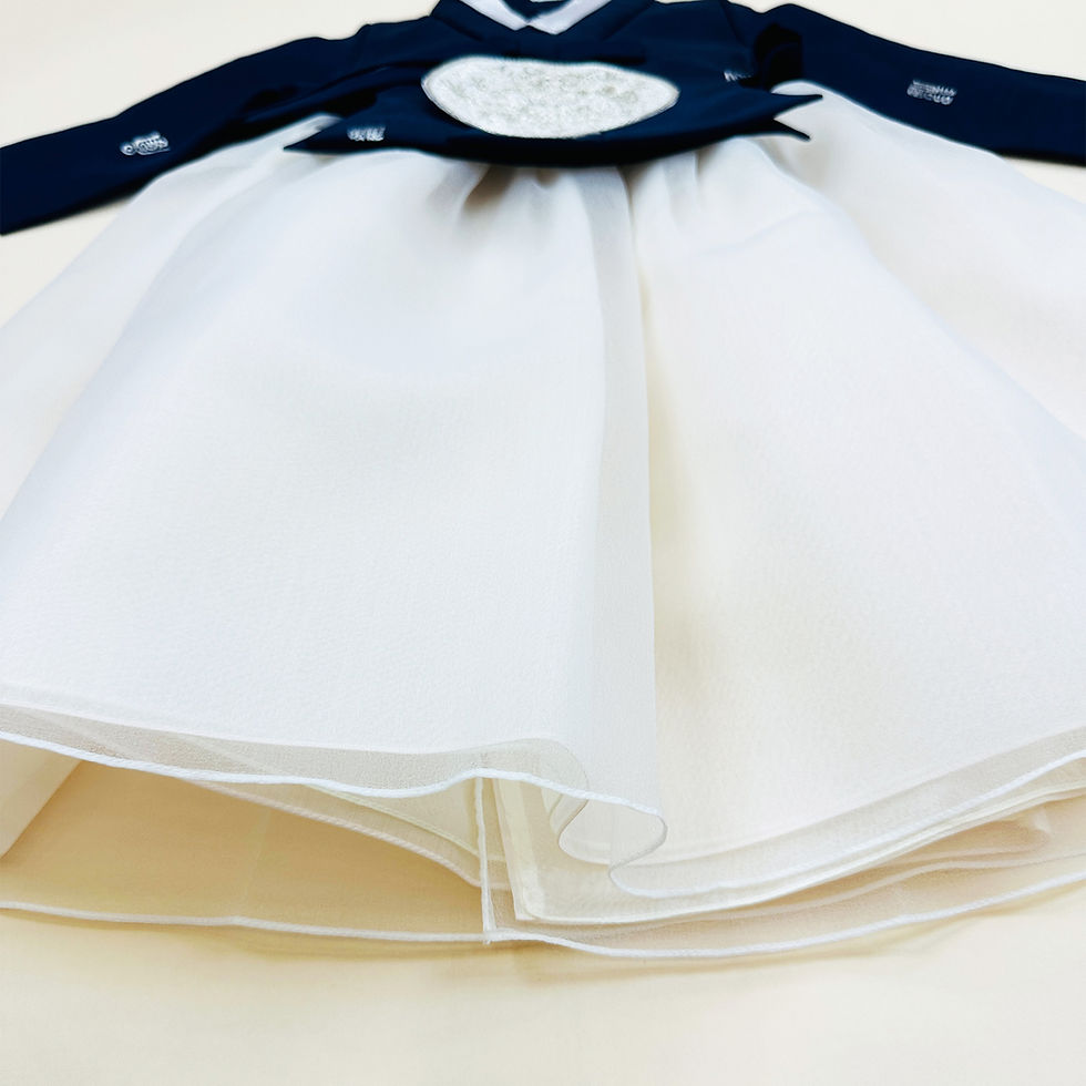 Thumbnail: Navy and gray baby girl hanbok with embroidered patch and tulle skirt