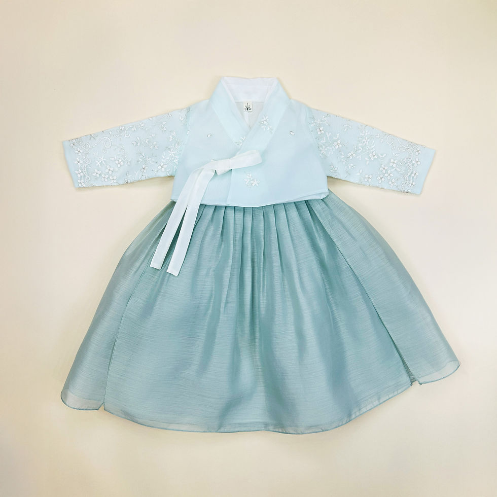 Baby girl hanbok with light blue floral embroidered jeogori and ivory skirt
