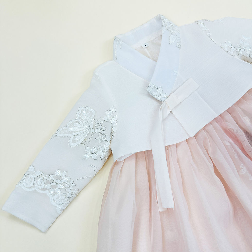 Thumbnail: Baby girl hanbok with white floral lace jeogori and layered pink skirt featuring subtle butterfly and flower patterns