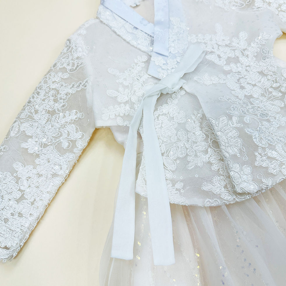 Thumbnail: Baby girl hanbok with white lace jeogori and sage mint skirt embellished with silver floral sequins