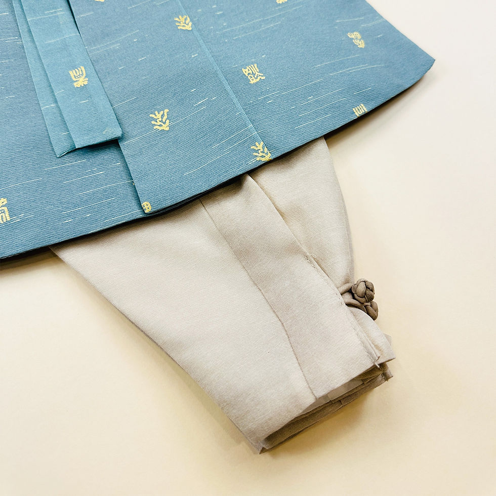 Thumbnail: Baby boy dohl hanbok with teal vest featuring gold traditional motifs, paired with white jeogori and white pants