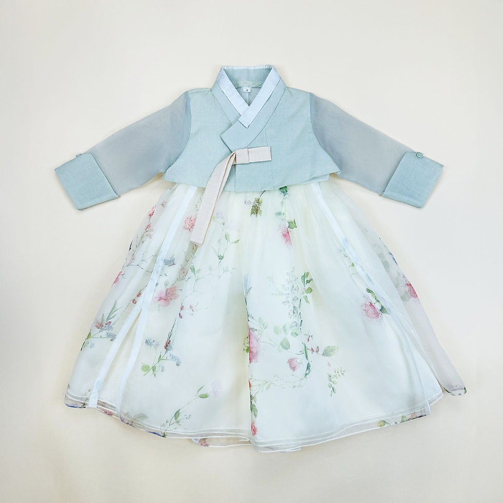 Baby girl hanbok with light sage green jeogori and ivory chima featuring soft watercolor-style floral print