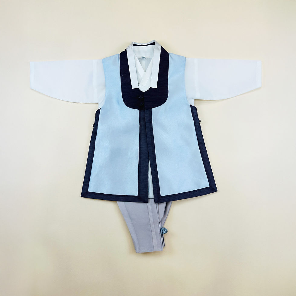 Baby boy dohl hanbok featuring a light blue durumagi-style vest with navy trim, paired with gray pants and white jeogori